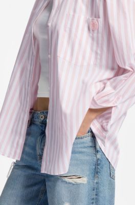 Striped-cotton oversized-fit blouse with Happy HUGO logo, light pink