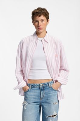 Striped-cotton oversized-fit blouse with Happy HUGO logo, light pink