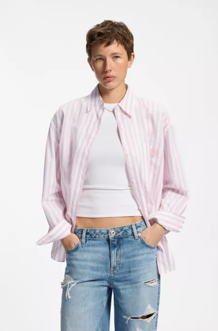 Striped-cotton oversized-fit blouse with Happy HUGO logo