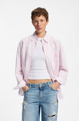 Striped-cotton oversized-fit blouse with Happy HUGO logo