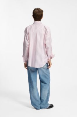 Oversized blus i randig bomull med Happy HUGO-logga, ljusrosa