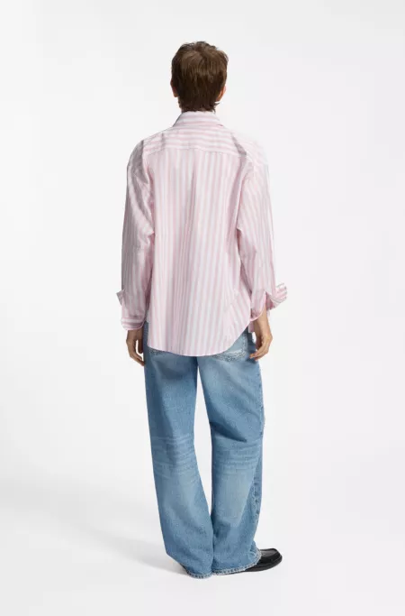 Striped-cotton oversized-fit blouse with Happy HUGO logo