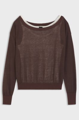Linen-cotton sweater with underlayer, Dark Brown