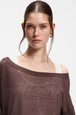 Linen-cotton sweater with underlayer, Dark Brown