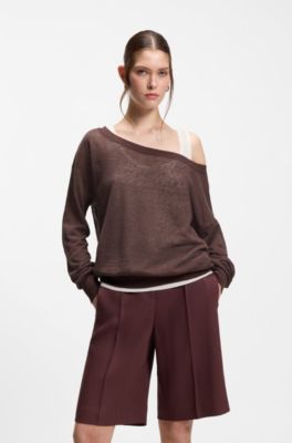 Linen-cotton sweater with underlayer, Dark Brown