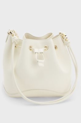 Borsa a secchiello in similpelle con due spalline, Bianco