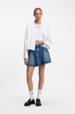 Oversize pinstriped cotton shirt with open cut hem, White