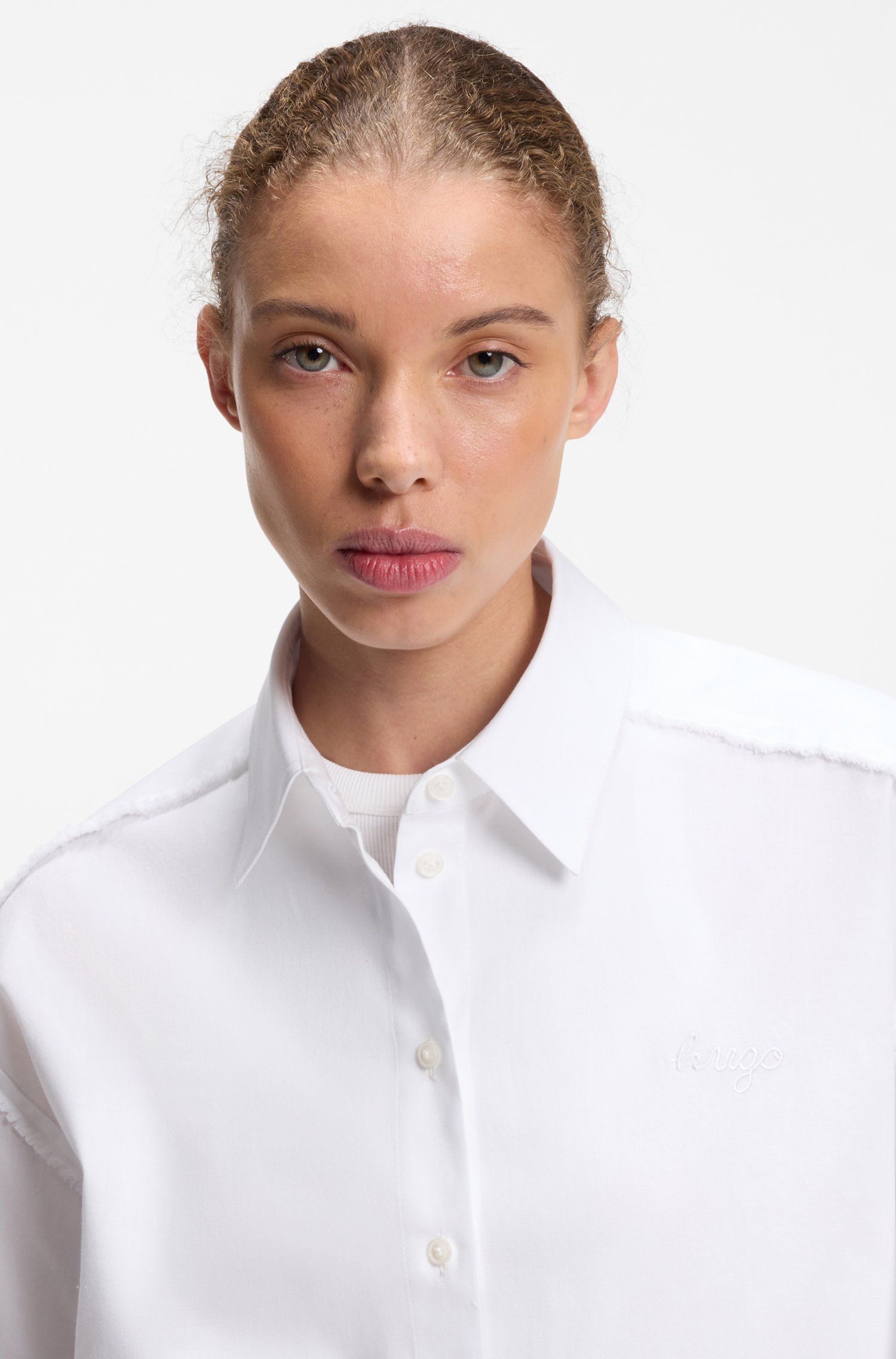 Hugo Oversize pinstriped cotton shirt with open cut hem skjortor & blusar dam – bild 3