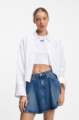 Oversized katoenen overhemd met krijtstreep en onafgewerkte zoom, Wit