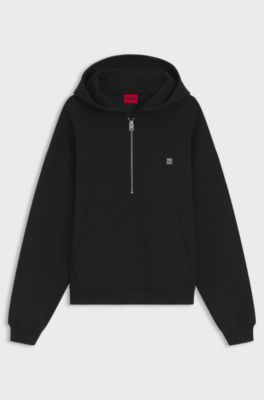Zip-neck hoodie in a structured cotton blend, Black