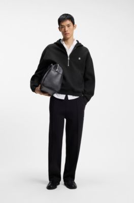 Zip-neck hoodie in a structured cotton blend, Black