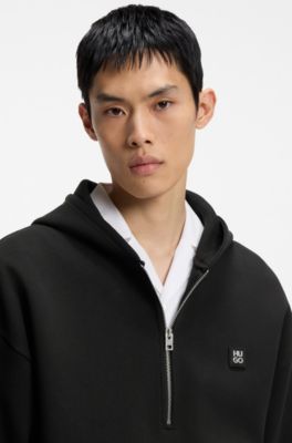 Zip-neck hoodie in a structured cotton blend, Black