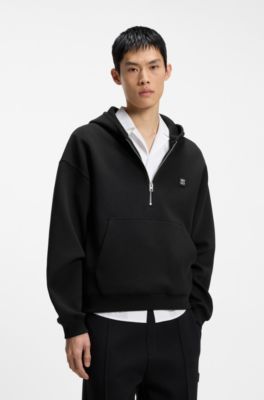 Zip-neck hoodie in a structured cotton blend, Black