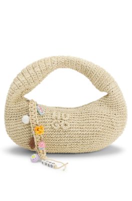 Woven hobo bag with logo charm, Light Beige