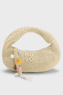 Woven hobo bag with logo charm, Light Beige