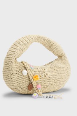 Woven hobo bag with logo charm, Light Beige