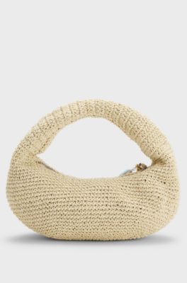 Woven hobo bag with logo charm, Light Beige