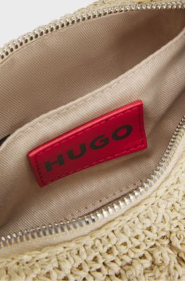 Woven hobo bag with logo charm, Light Beige
