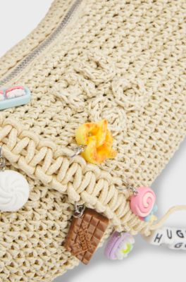 Woven hobo bag with logo charm, Light Beige