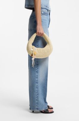 Woven hobo bag with logo charm, Light Beige