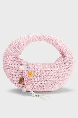 Woven hobo bag with logo charm, Light Pink