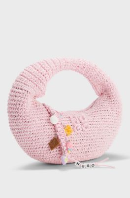 Woven hobo bag with logo charm, Light Pink
