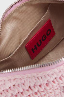 Woven hobo bag with logo charm, Light Pink
