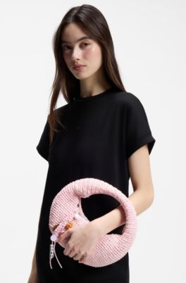 Woven hobo bag with logo charm, light pink