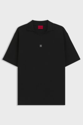 Structured cotton-blend polo shirt with Johnny collar, Black
