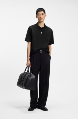 Structured cotton-blend polo shirt with Johnny collar, Black