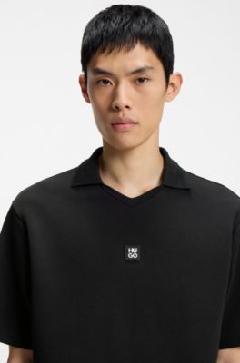 Structured cotton-blend polo shirt with Johnny collar, Black
