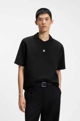 Structured cotton-blend polo shirt with Johnny collar, Black