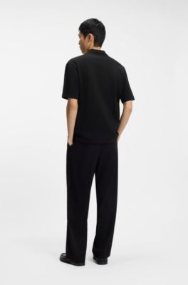 Structured cotton-blend polo shirt with Johnny collar, Black