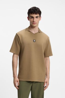 Structured cotton-blend polo shirt with Johnny collar, Brown