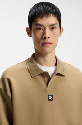 Structured cotton-blend sweatshirt with polo collar, Beige
