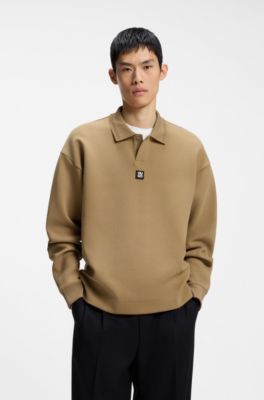 Structured cotton-blend sweatshirt with polo collar, Beige