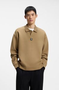 Structured cotton-blend sweatshirt with polo collar, Beige