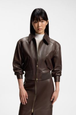 Cropped leather bomber jacket in a relaxed fit, Patterned