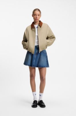 Stretch-cotton jacket with contrast corduroy collar, Beige