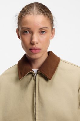 Stretch-cotton jacket with contrast corduroy collar, Beige
