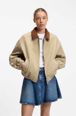 Stretch-cotton jacket with contrast corduroy collar, Beige