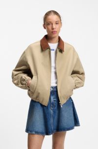 Stretch-cotton jacket with contrast corduroy collar, Beige