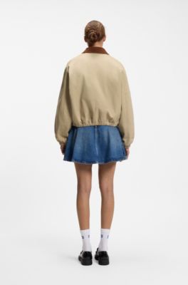 Stretch-cotton jacket with contrast corduroy collar, Beige
