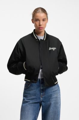 Satin varsity bomber jacket with padded comfort, Black
