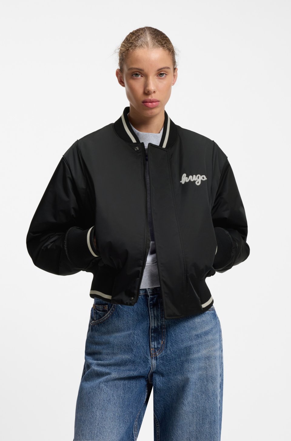 Satin varsity bomber jacket with padded comfort