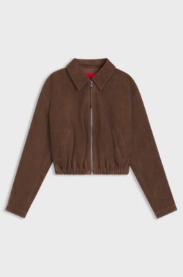 Veste en cuir su&eacute;d&eacute; &agrave; ourlet fronc&eacute;, Marron