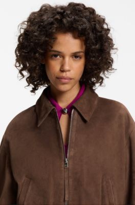 Suede jacket with gathered hem, Brown