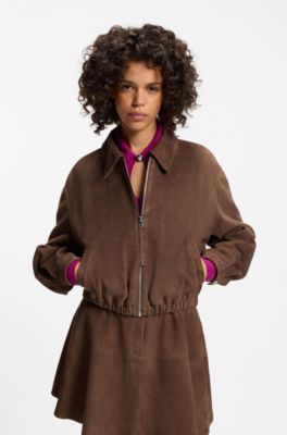 Suede jacket with gathered hem, Brown
