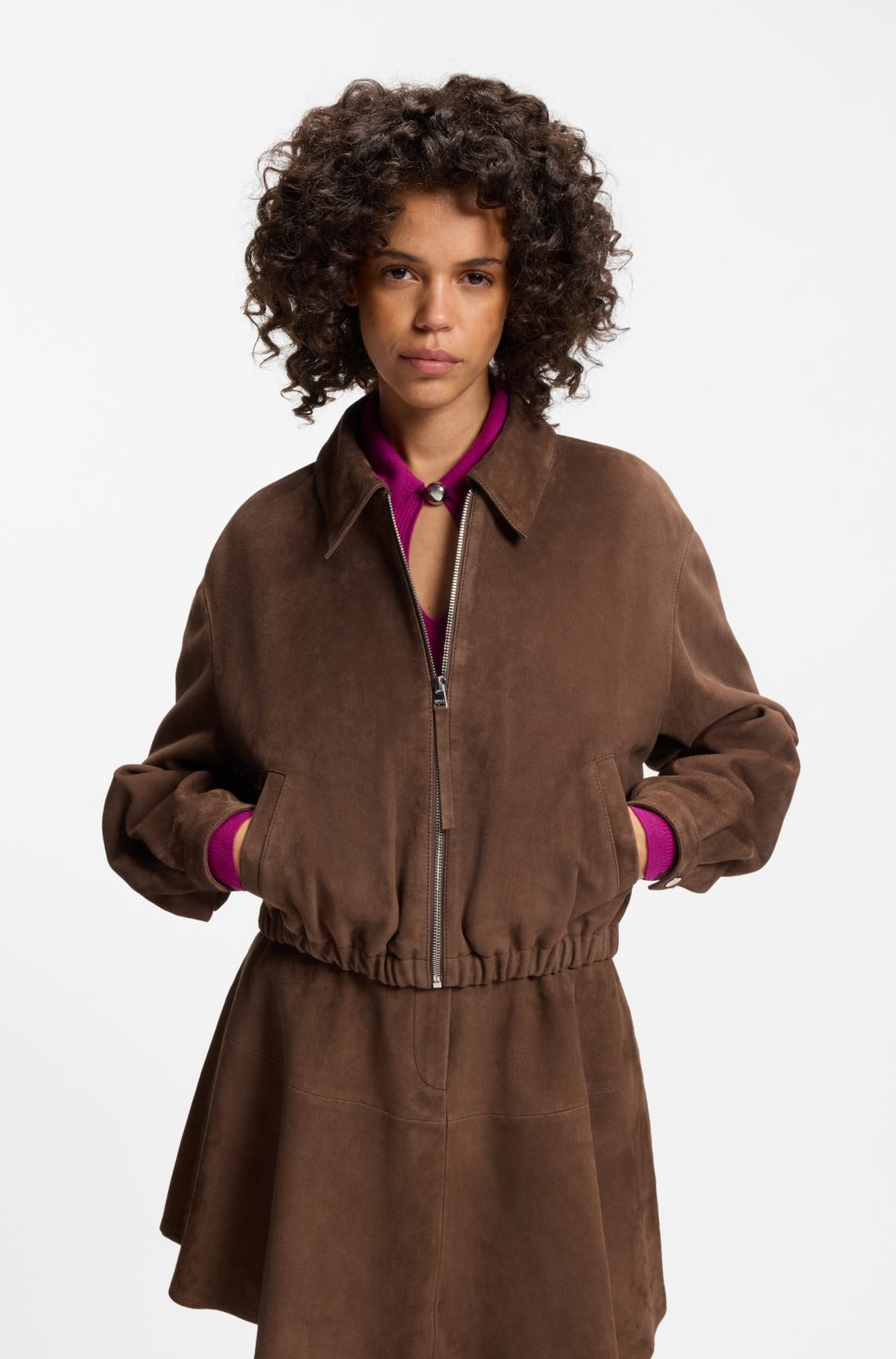 Suede jacket with gathered hem