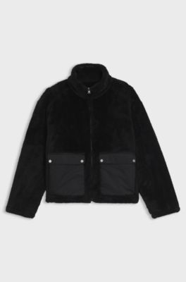 Faux-fur jacket with contrasting patch pockets, Black